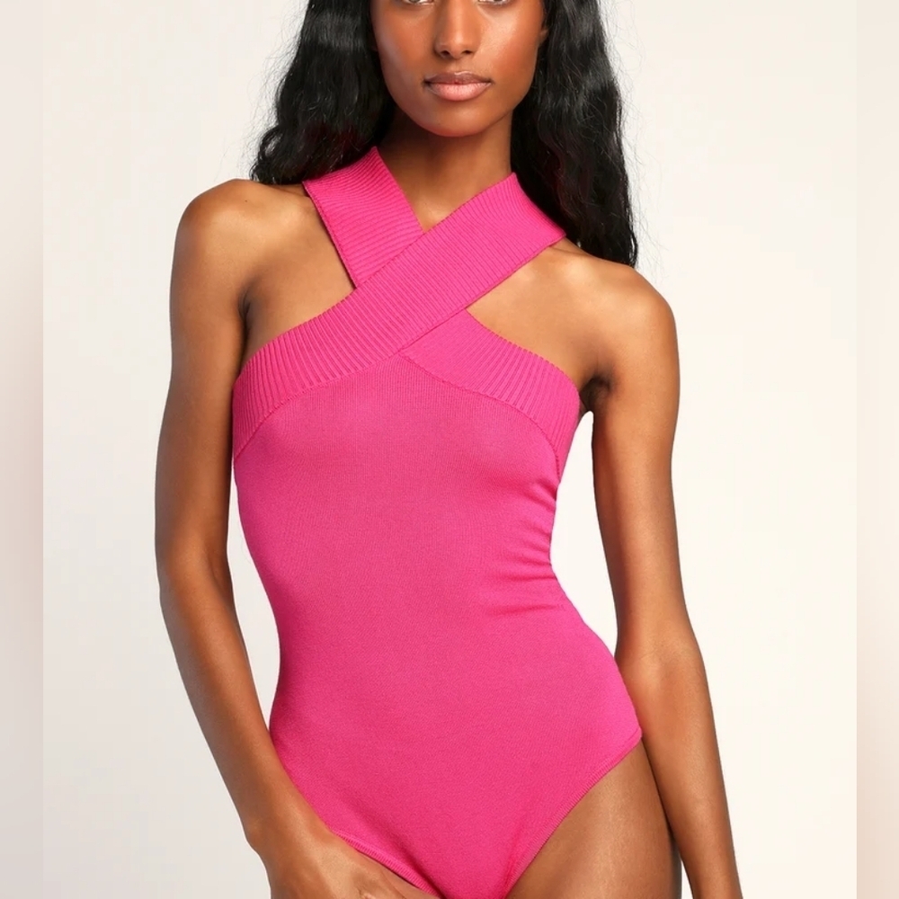 Lulu’s Don't Cross Me Hot Pink Sweater Knit Sleeveless Bodysuit size medium